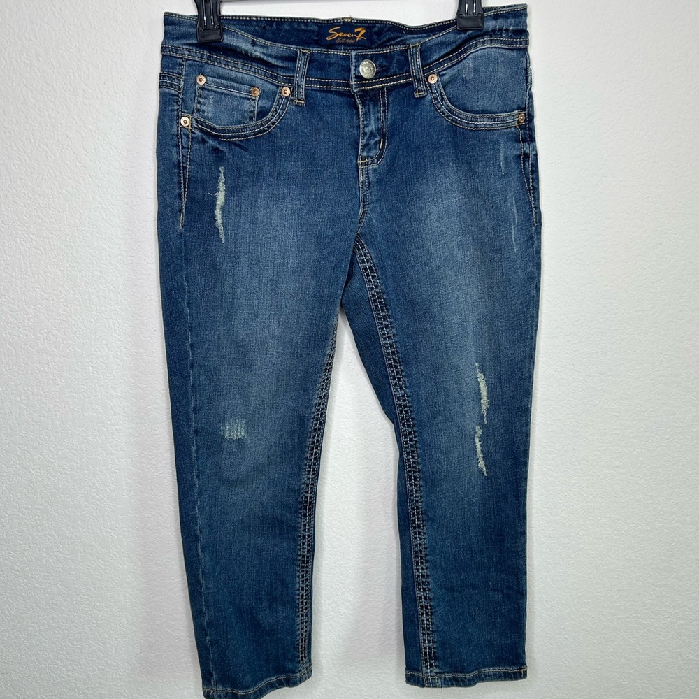 Seven7 Blue Cropped Ankle Jeans with Distressed Style
